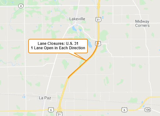 U.S. 31 to have lane closures between S.R. 4 and U.S. 6